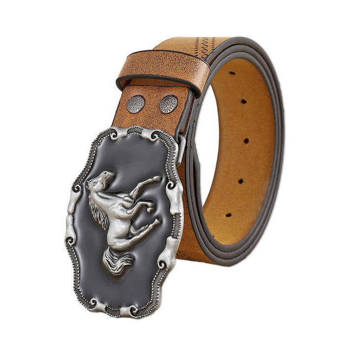 Cintura da uomo in pelle con fibbia classica in argento a forma di cavallo da corsa