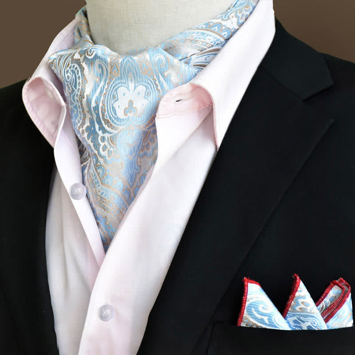 2 pezzi fazzoletto da taschino e cravatta con motivo paisley floreale di lusso blu cielo