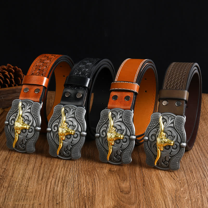 Cintura da uomo in pelle di toro Longhorn dorata quadrata