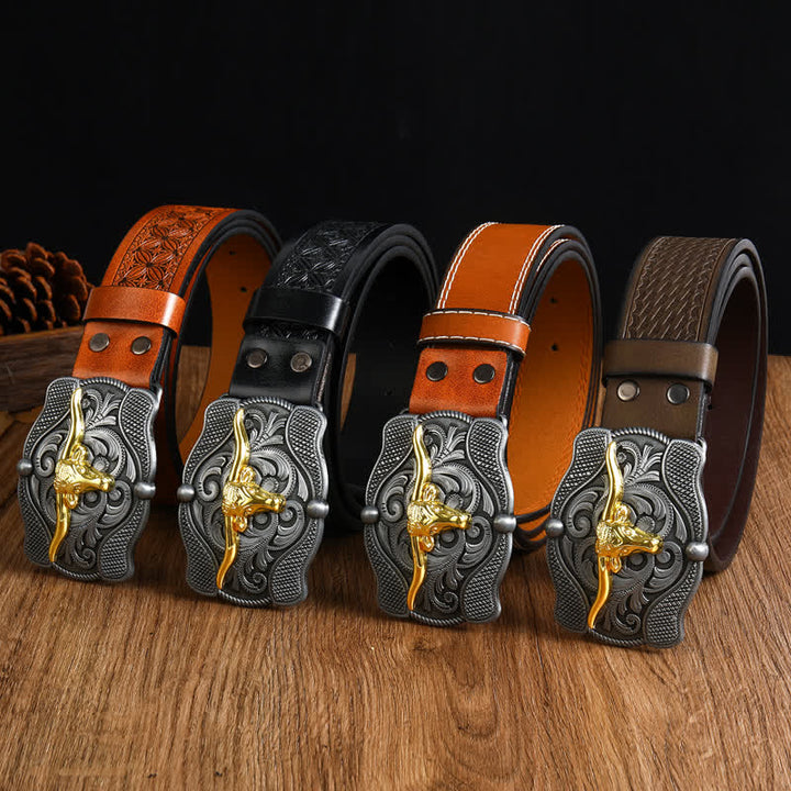 Cintura da uomo in pelle di toro Longhorn dorata quadrata