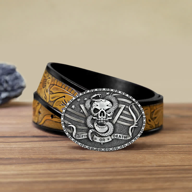 Cintura in pelle fai da te da uomo con fibbia a forma di teschio di serpente "Liberty or Death"