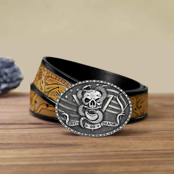 Cintura in pelle fai da te da uomo con fibbia a forma di teschio di serpente "Liberty or Death"