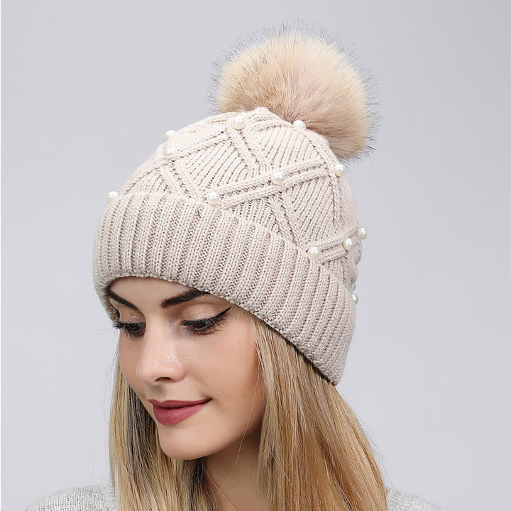 Cappello lavorato a maglia elasticizzata con pompon e perle carine da donna