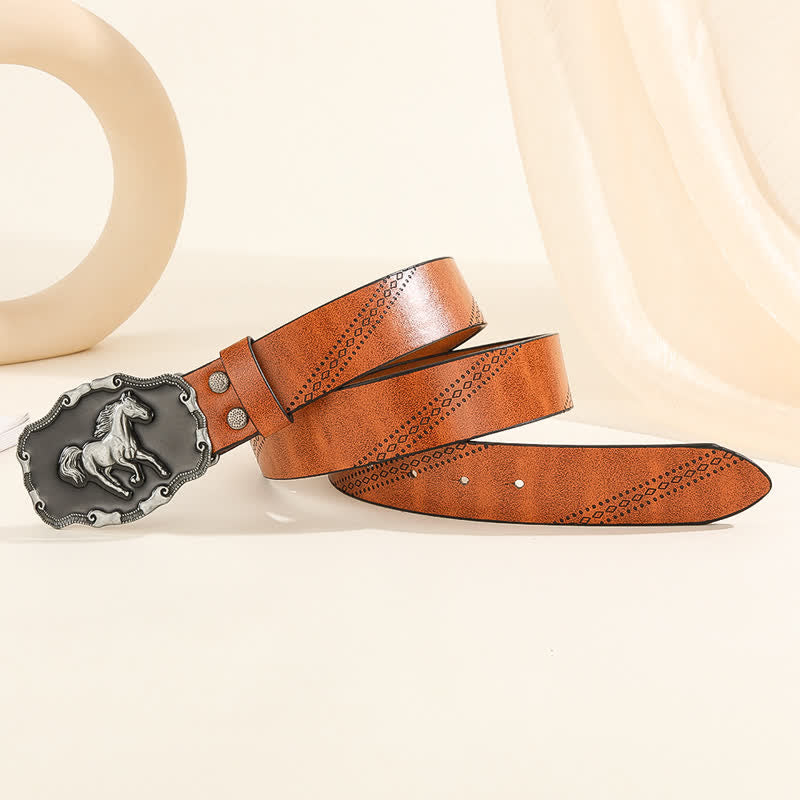 Cintura da uomo in pelle con fibbia classica in argento a forma di cavallo da corsa