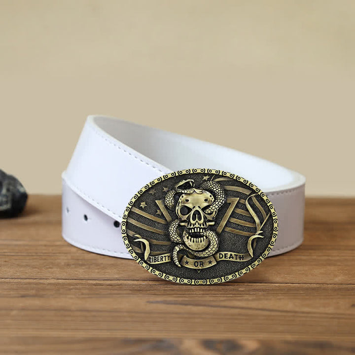 Cintura in pelle fai da te da uomo con fibbia a forma di teschio di serpente "Liberty or Death"