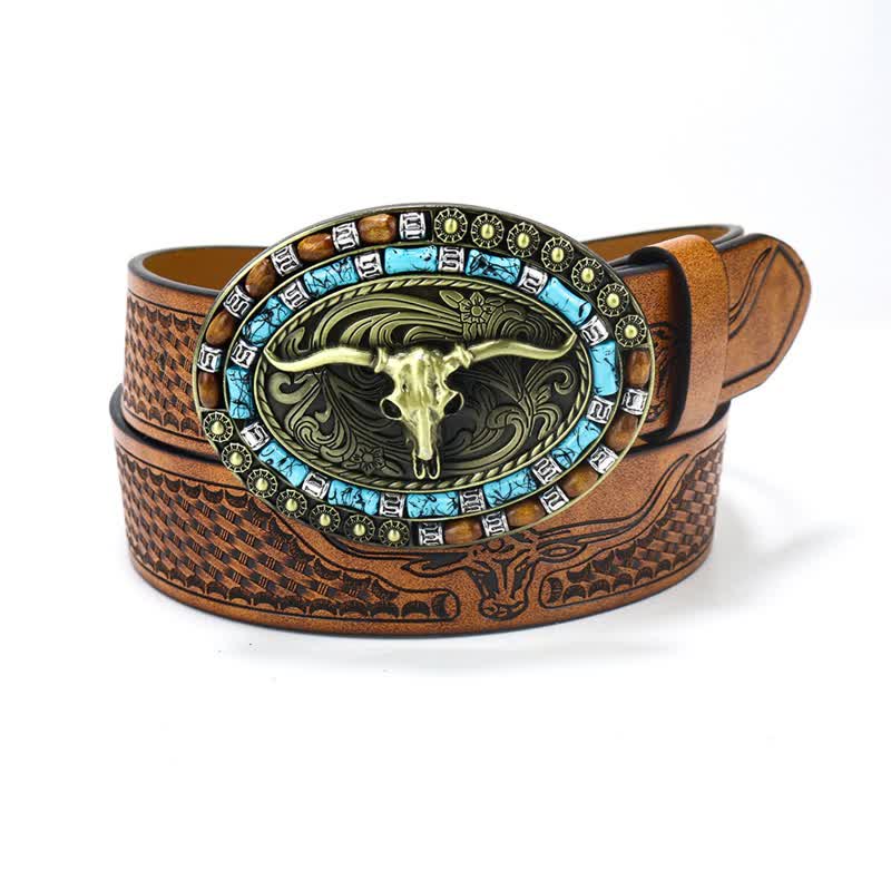 Cintura da uomo in pelle di toro turchese da cowboy western