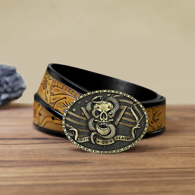 Cintura in pelle fai da te da uomo con fibbia a forma di teschio di serpente "Liberty or Death"
