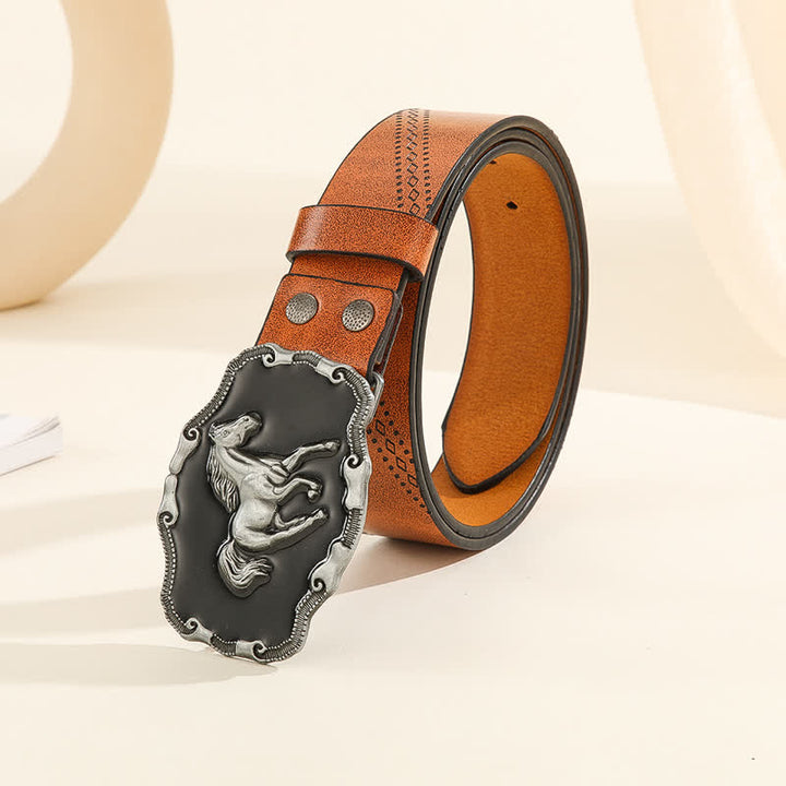 Cintura da uomo in pelle con fibbia classica in argento a forma di cavallo da corsa