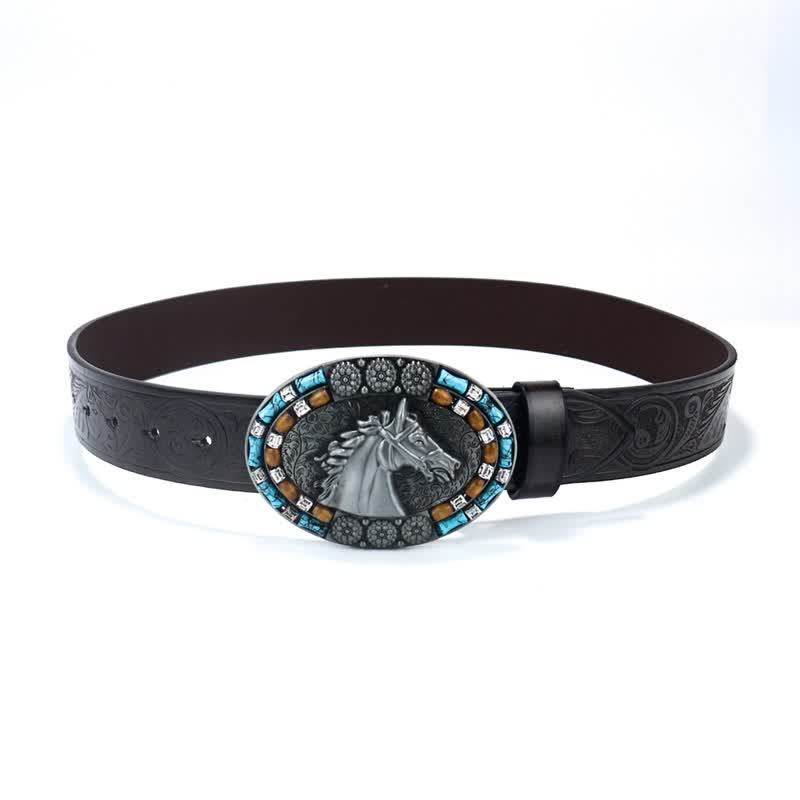 Cintura da uomo in pelle turchese con testa di cavallo da cowboy