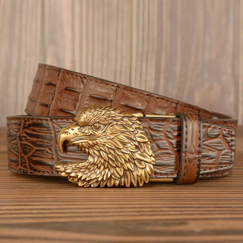 Cintura da uomo in pelle goffrata con testa d'aquila e coccodrillo