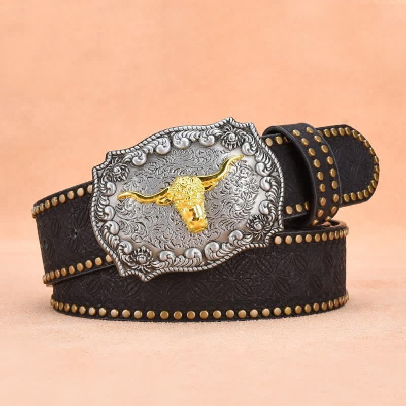 Cintura da uomo in pelle di toro con rivetti punk e corna lunghe dorate