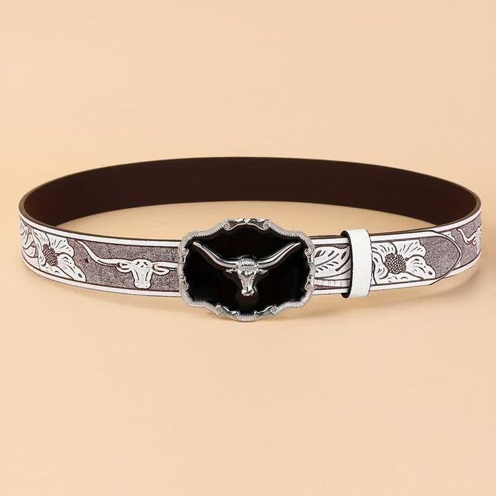 Cintura da uomo in pelle con testa di toro Longhorn Western nera