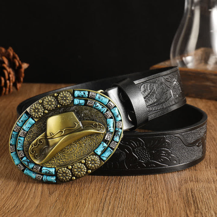 Cappello da cowboy da uomo in oro con cintura in pelle decorata con turchese
