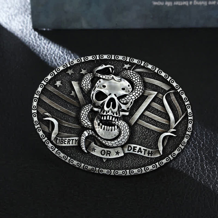Cintura in pelle fai da te da uomo con fibbia a forma di teschio di serpente "Liberty or Death"