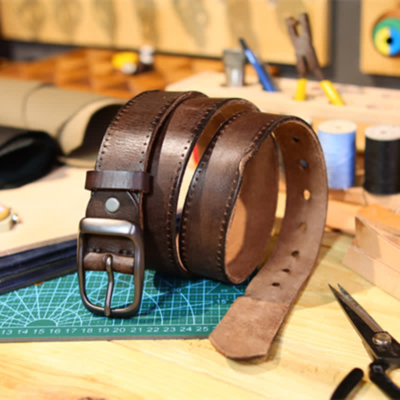 Cintura in pelle stile western invecchiato da uomo