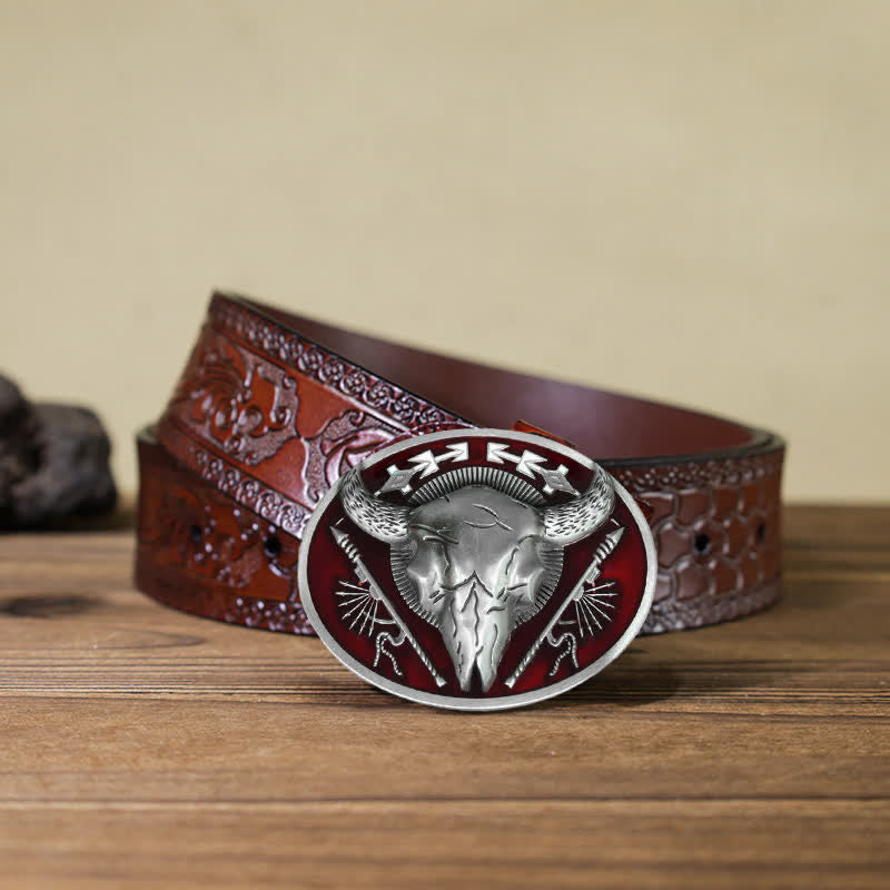 Cintura in pelle con fibbia a forma di teschio di toro a tema indiano fai da te da uomo