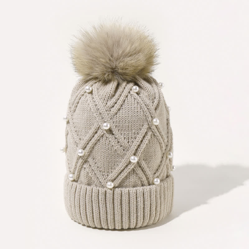 Cappello lavorato a maglia elasticizzata con pompon e perle carine da donna