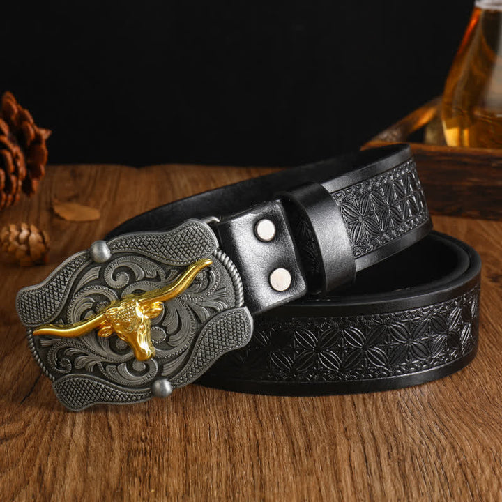 Cintura da uomo in pelle di toro Longhorn dorata quadrata