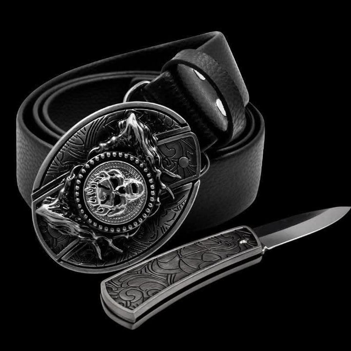 Cintura girevole in pelle da uomo con testo e coltello pieghevole
