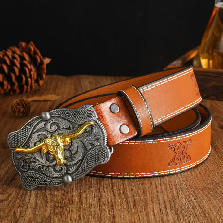 Cintura da uomo in pelle di toro Longhorn dorata quadrata