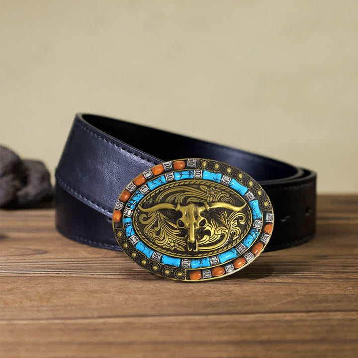Cintura in pelle con fibbia a forma di toro con perline di legno turchese fai da te da uomo