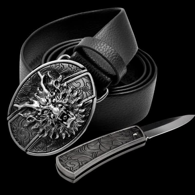 Cintura in pelle da uomo con testa di drago e coltello pieghevole