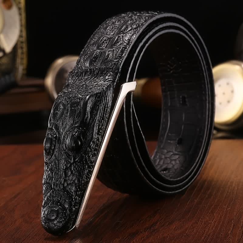 Cintura in pelle con fibbia a forma di testa di coccodrillo realistica da uomo