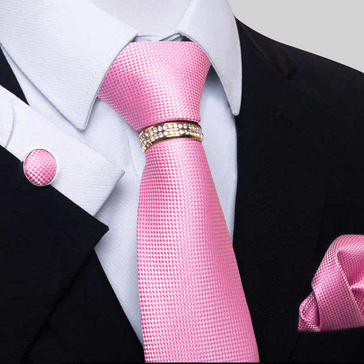 Set di 4 cravatte da uomo a micro-quadri con anello per cravatta