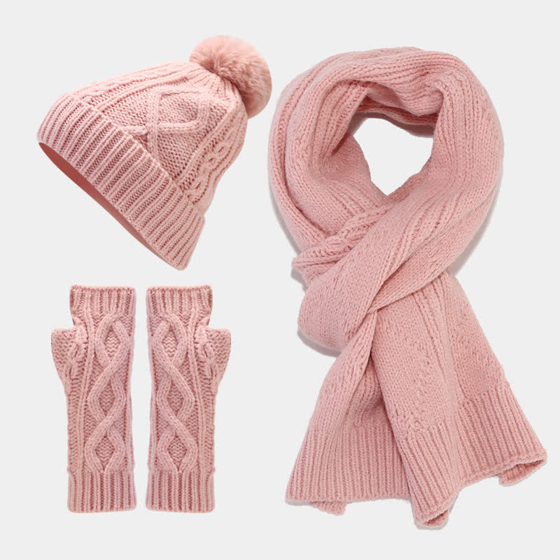 Set di 3 guanti senza dita con sciarpa e cappello lavorati a maglia da donna