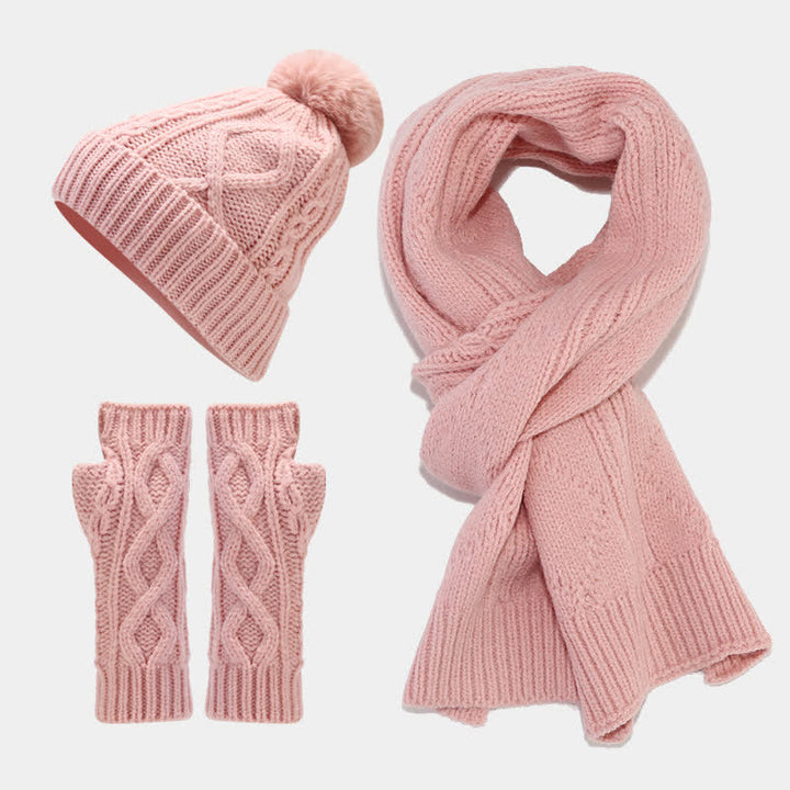 Set di 3 guanti senza dita con sciarpa e cappello lavorati a maglia da donna