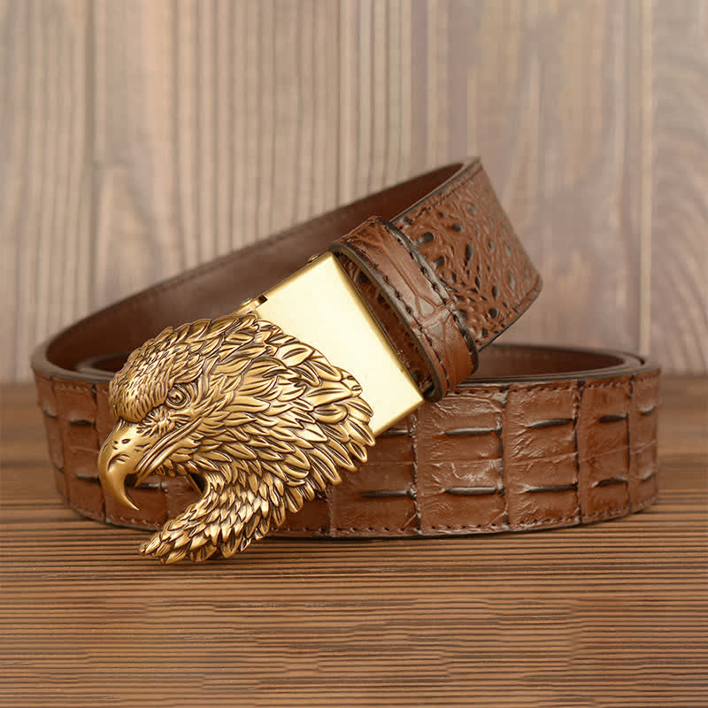 Cintura da uomo in pelle goffrata con testa d'aquila e coccodrillo