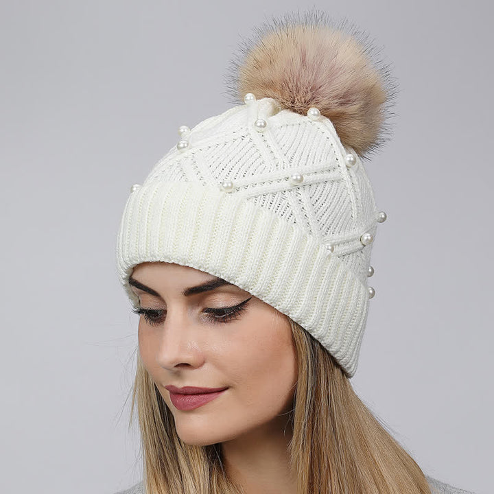 Cappello lavorato a maglia elasticizzata con pompon e perle carine da donna