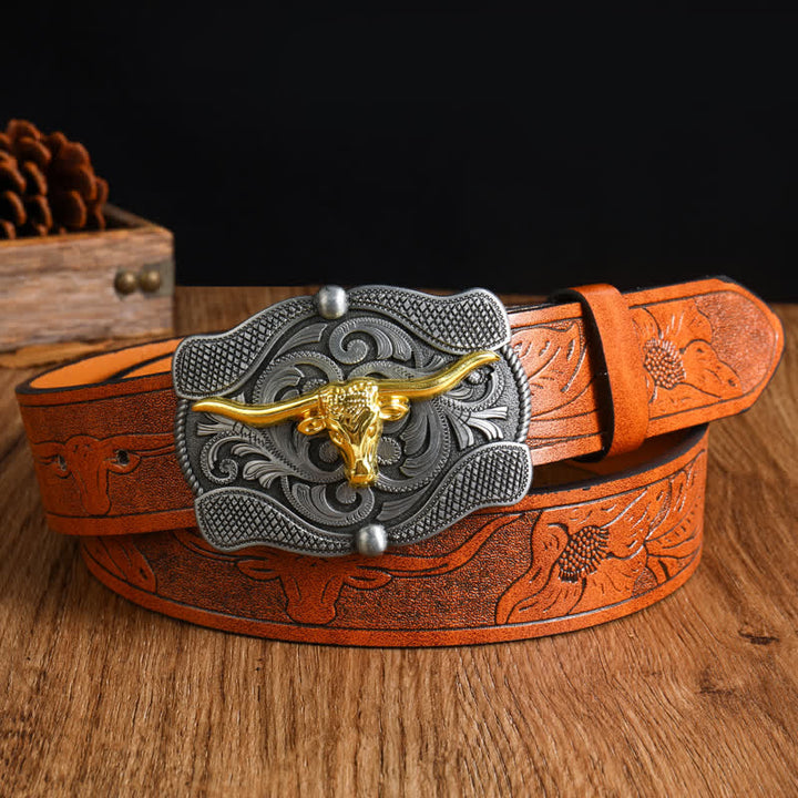 Cintura da uomo in pelle di toro Longhorn dorata quadrata