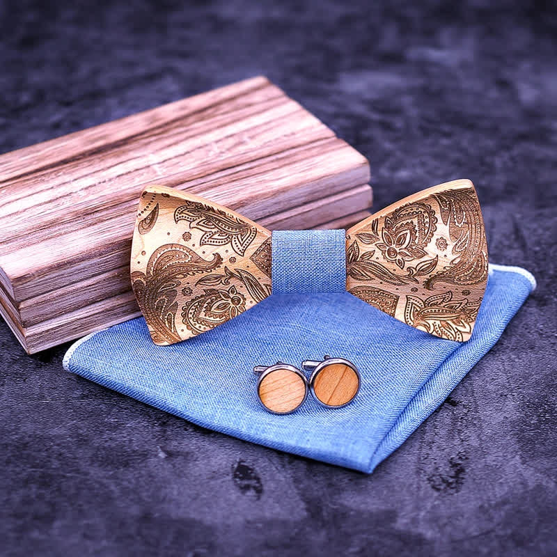 Set di 3 papillon in legno con motivo Paisley da uomo