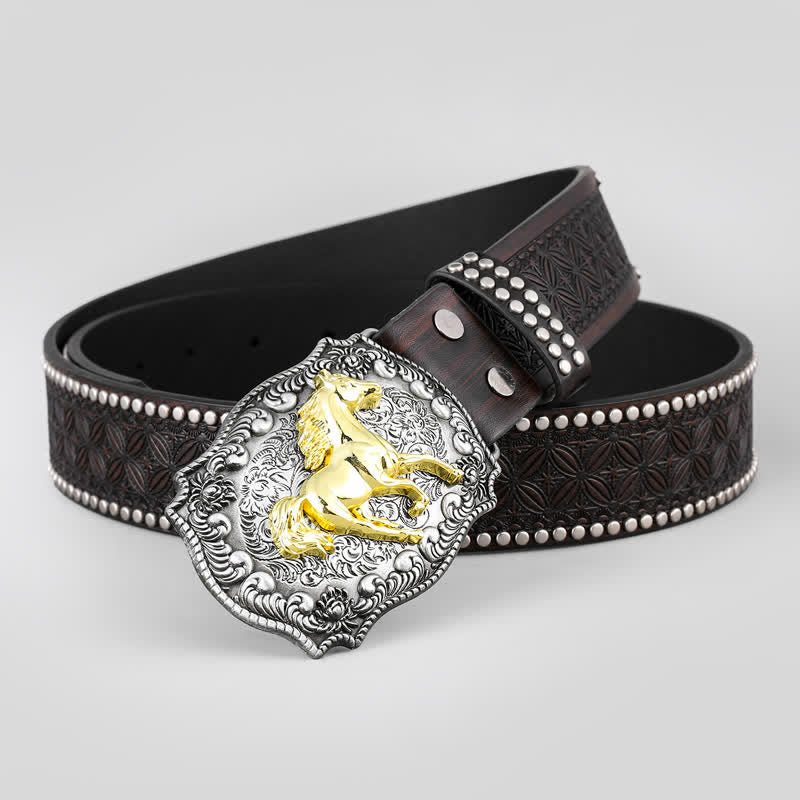 Cintura da uomo in pelle con decorazione a forma di cavallo dorato