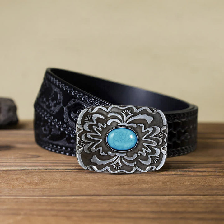 Cintura in pelle con fibbia a forma di fiore in pietra turchese fai da te da uomo