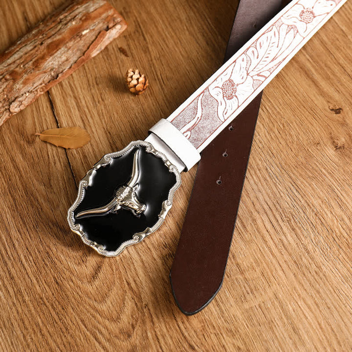 Cintura da uomo in pelle con testa di toro Longhorn Western nera