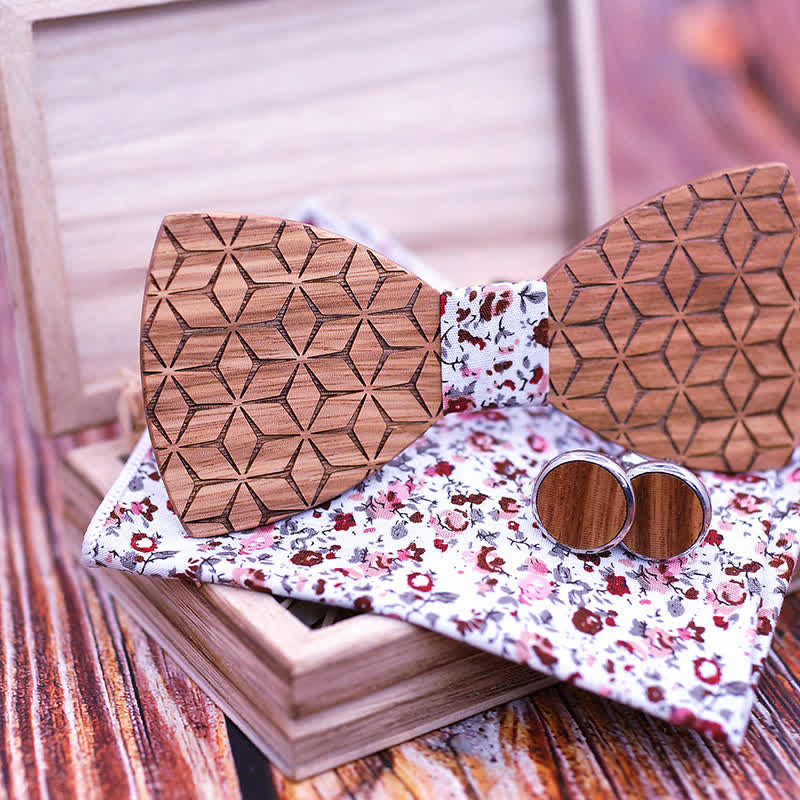 Set di 4 papillon in legno con intaglio geometrico da uomo