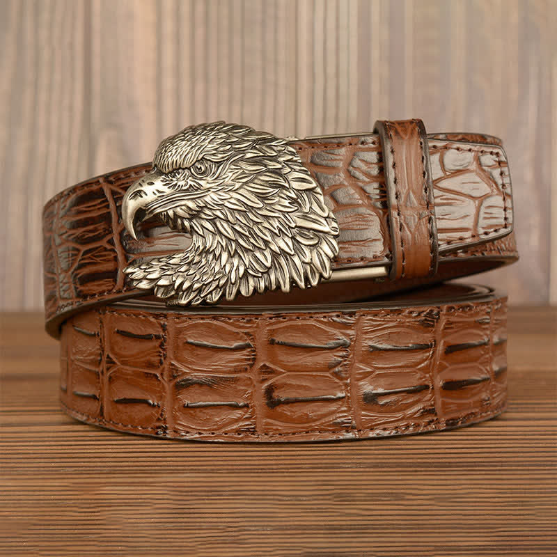 Cintura da uomo in pelle goffrata con testa d'aquila e coccodrillo