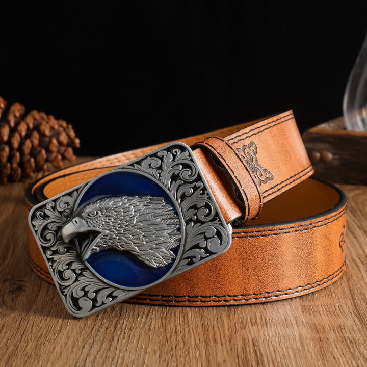 Cintura da uomo in pelle western con testa d'aquila calva rettangolare