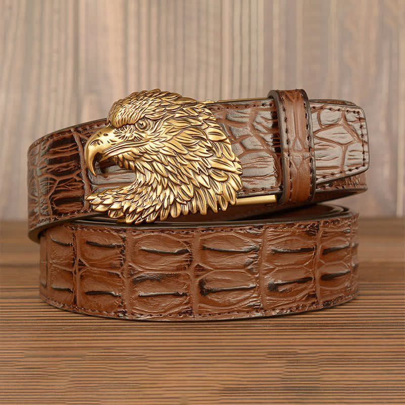Cintura da uomo in pelle goffrata con testa d'aquila e coccodrillo