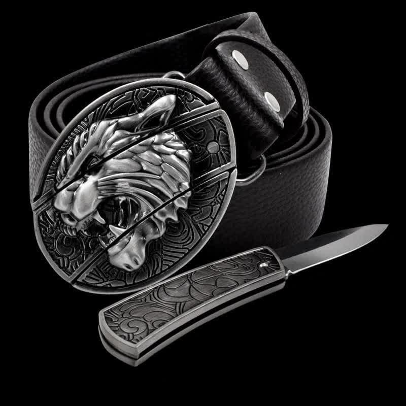 Cintura in pelle da uomo con tigre ruggente e coltello pieghevole