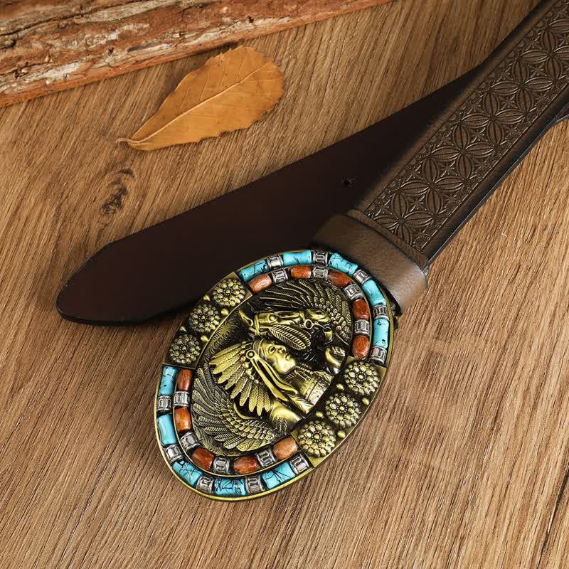 Cintura in pelle turchese con motivo boho indiano da uomo