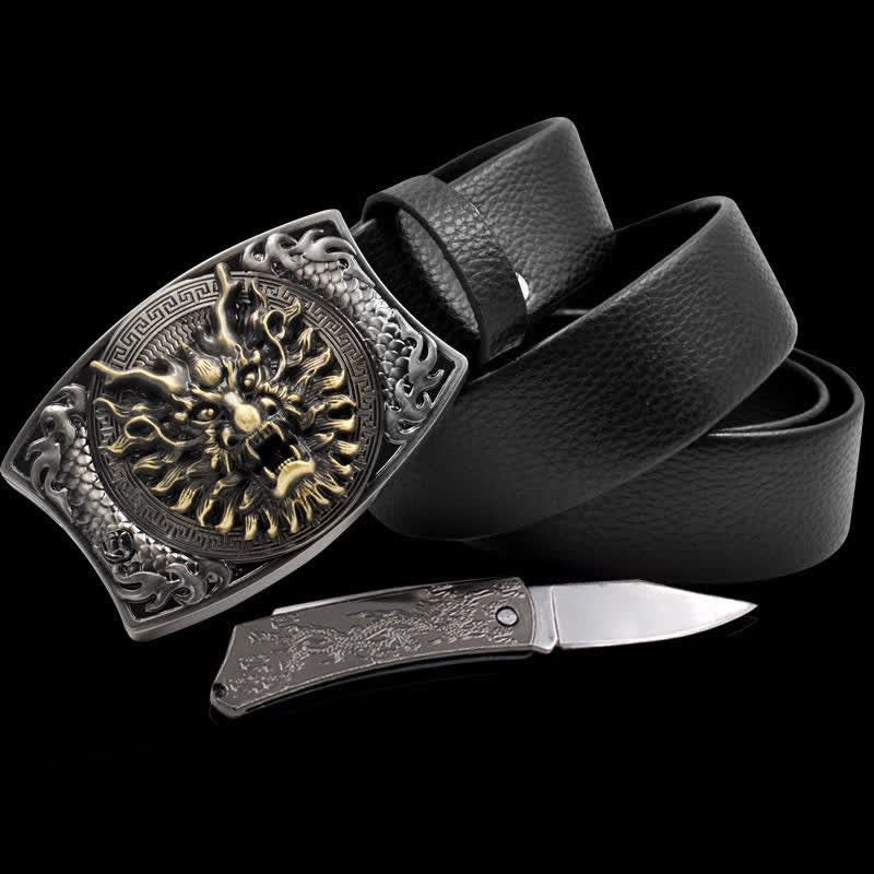 Cintura in pelle Brave Dragon da uomo con coltello pieghevole