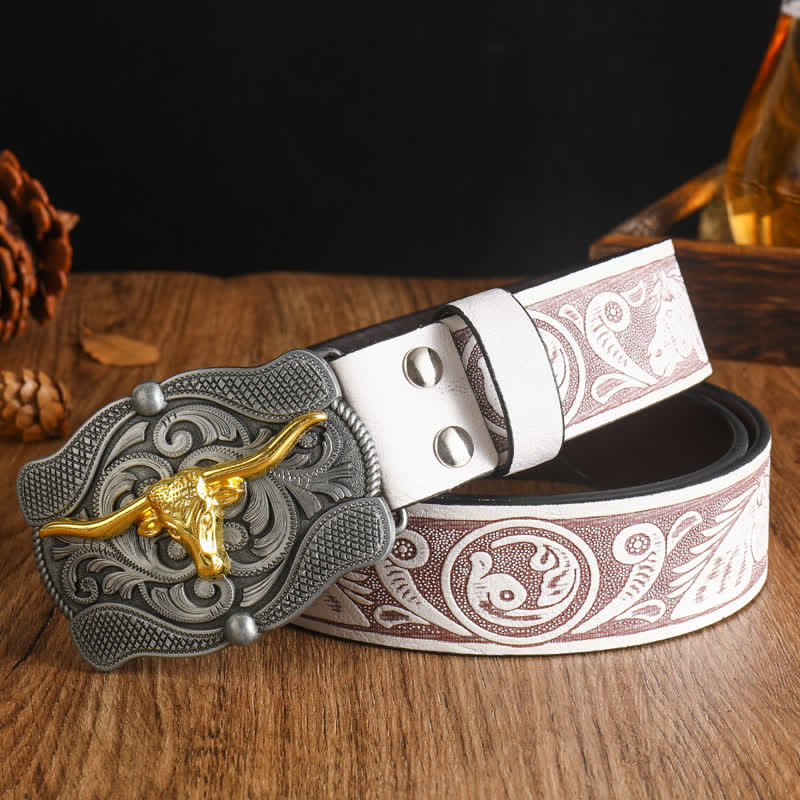 Cintura da uomo in pelle di toro Longhorn dorata quadrata