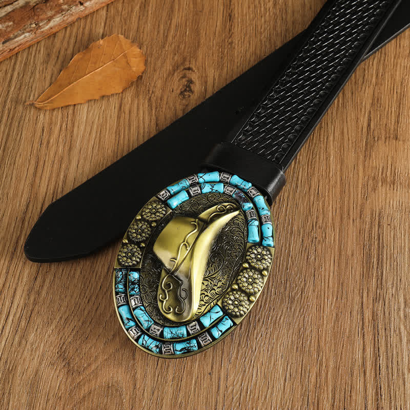 Cappello da cowboy da uomo in oro con cintura in pelle decorata con turchese