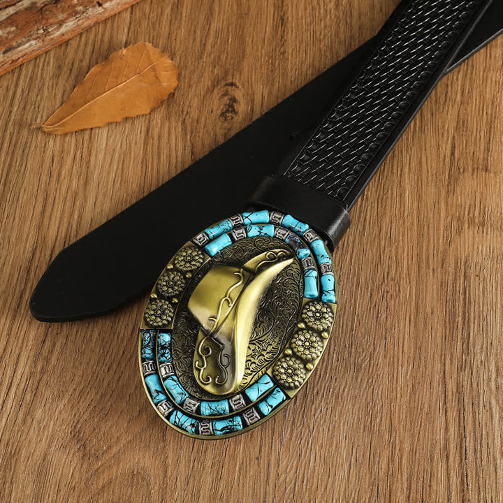 Cappello da cowboy da uomo in oro con cintura in pelle decorata con turchese