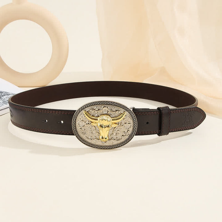 Cintura casual da uomo in pelle con fibbia floreale a forma di testa di toro dorato