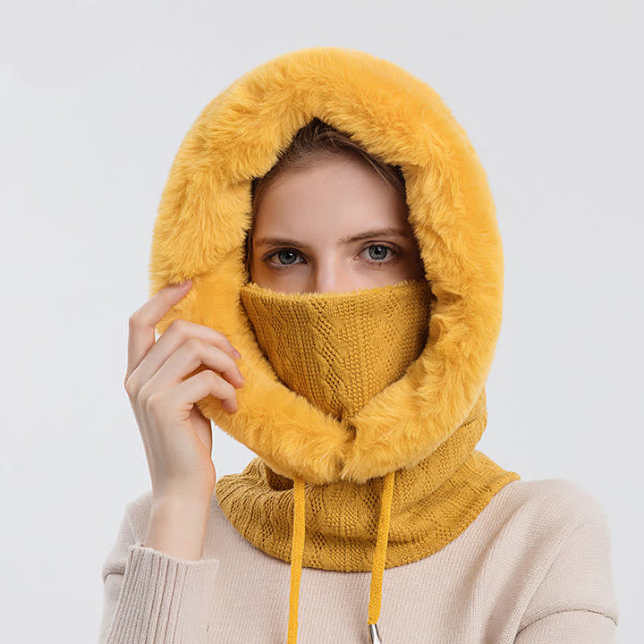 Cappello lavorato a maglia con cappuccio e maschera per il viso color caramella da donna