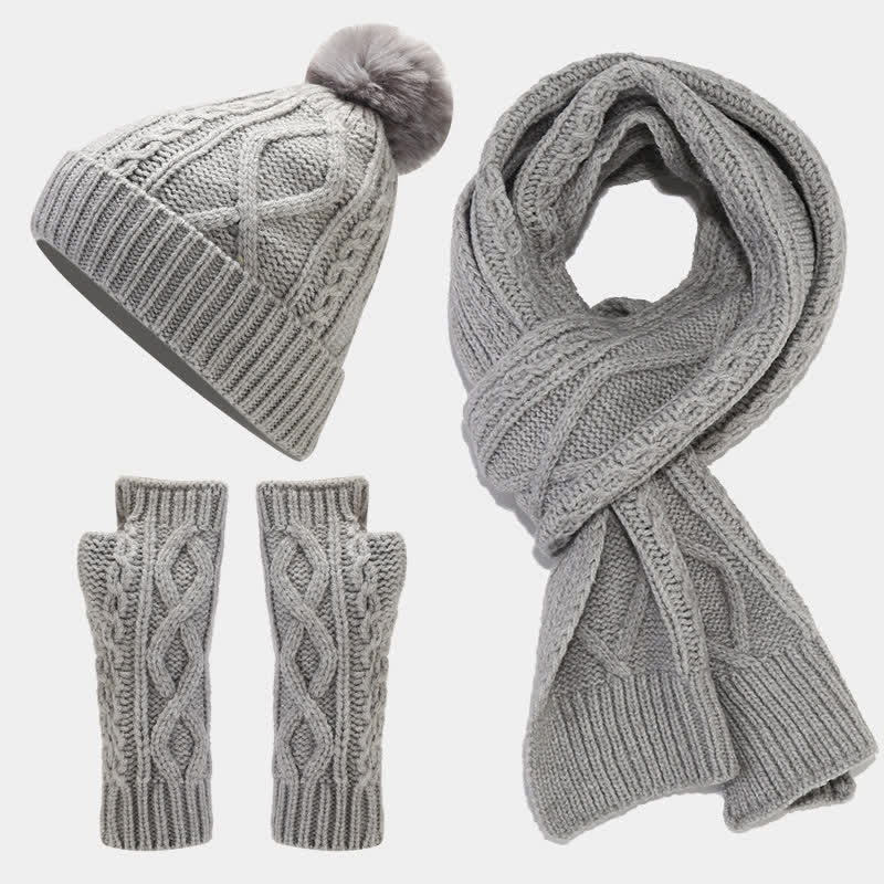 Set di 3 guanti senza dita con sciarpa e cappello lavorati a maglia da donna